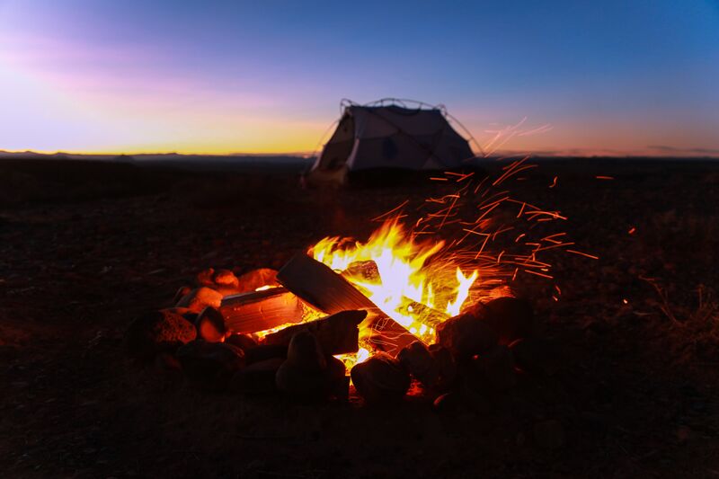 File:Wood fire sunset tent camp.jpg